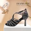Women Latin Dance Shoes Shining Rhinestone Dancing Shoes Flare Heel 9cm Narrow Foot Adjust Width