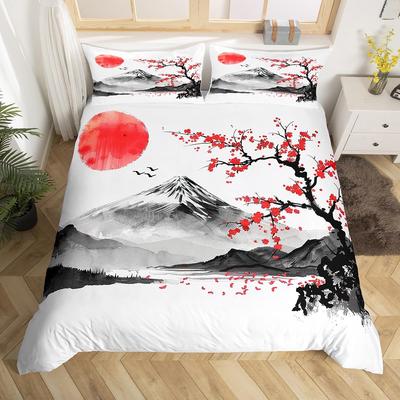 Bettwäsche-Set im japanischen Stil Einzelgröße Japanische Welle Bettbezug-Set Kirschblüten Ozeanwelle Sonnenuntergang Bettbezug