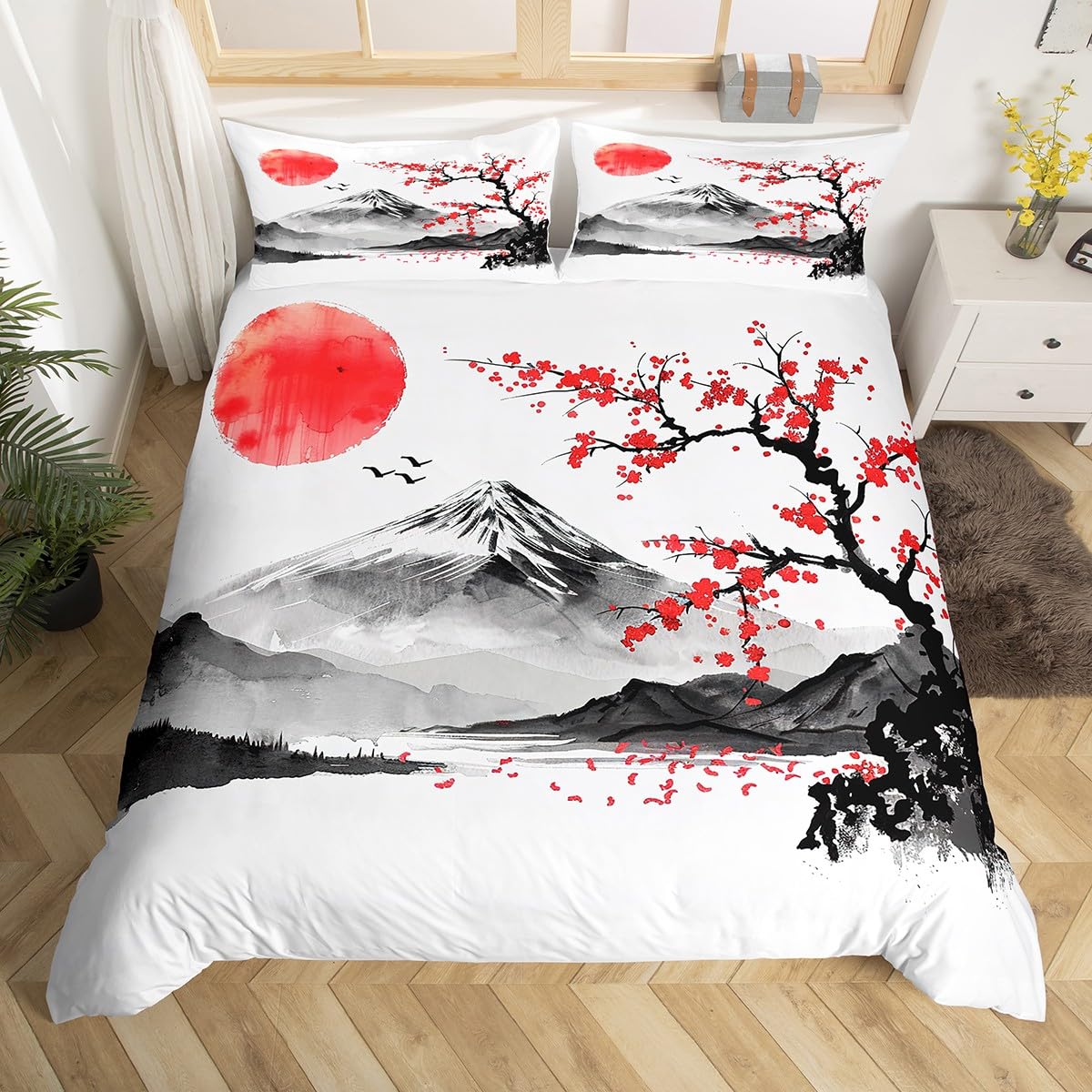Monika Chen Unisex Japanese Style Bedding Set Twin Size Japanese Wave Comforter Cover Set Cherry Blossoms Ocean Wave Sunset Duvet Cover