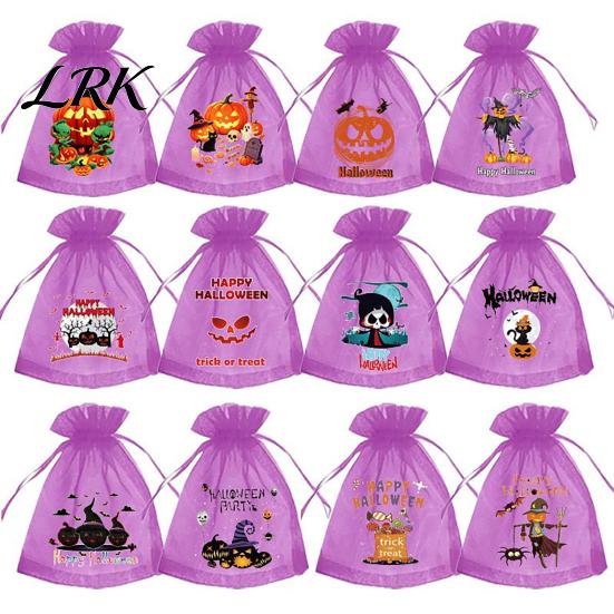 Storage Bag 12 Pcs Halloween Organza Candy Bag, Drawstring Treat Pouch with Pumpkin Ghost Bat Kids Pouches Print, Sheer Favor for Party Snacks, Trick