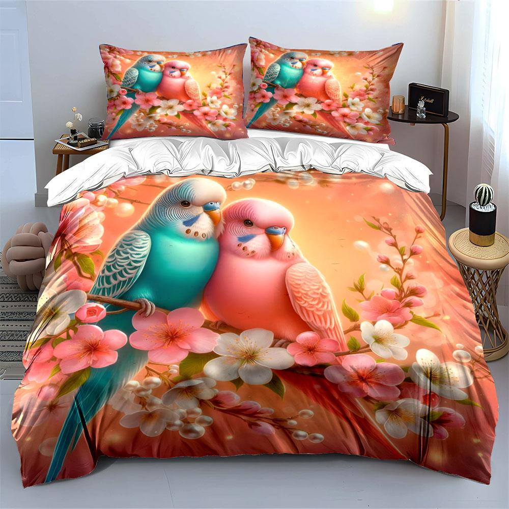 "Parrot Blossom Canvas Art Set" Bedding Set with 1 Duvet Cover 2 Pillowcases Single Double King Queen, Gift