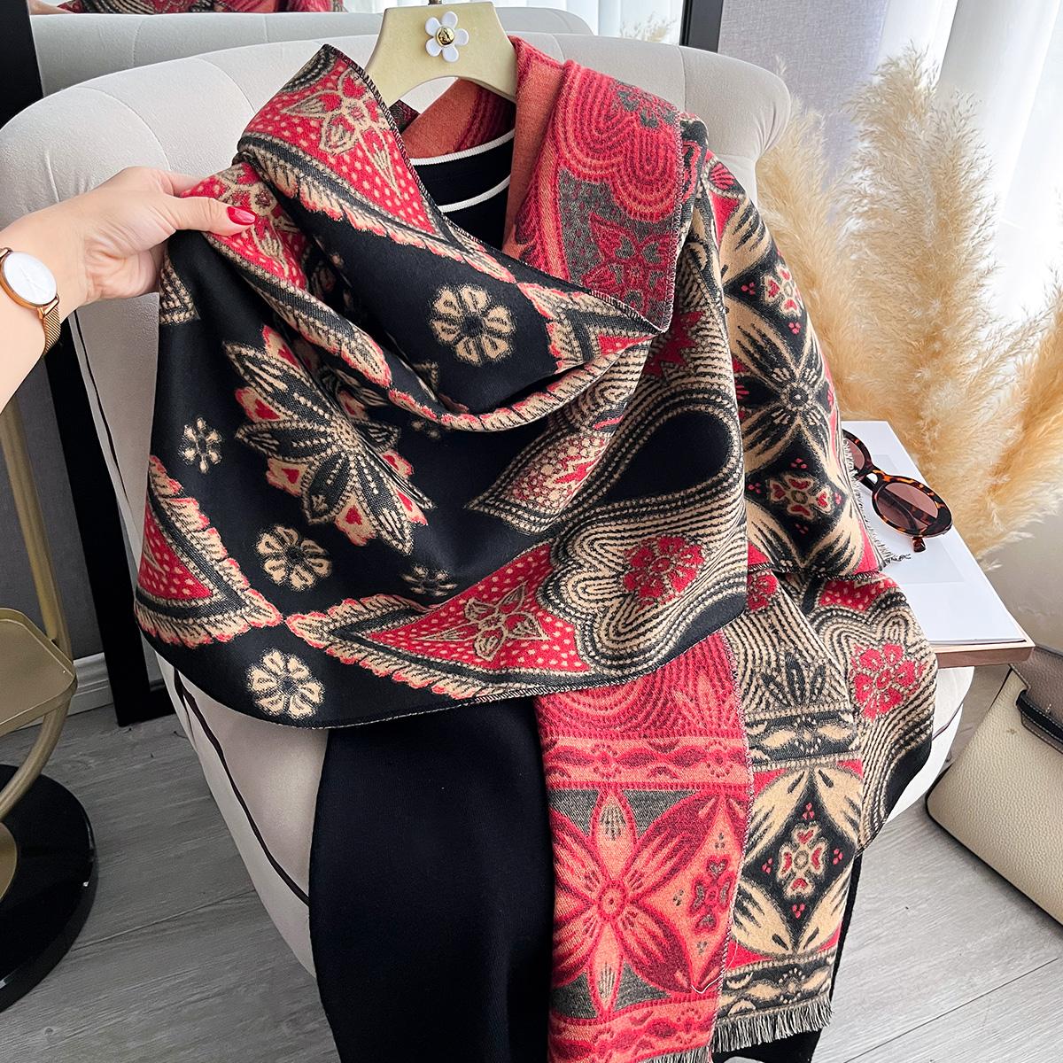 

Women Two Sided Flower Print New Scarf Imitation Cashmere Soft Warm Pashmina Shawl Autumn Winter Coldproof Windproof Blanket