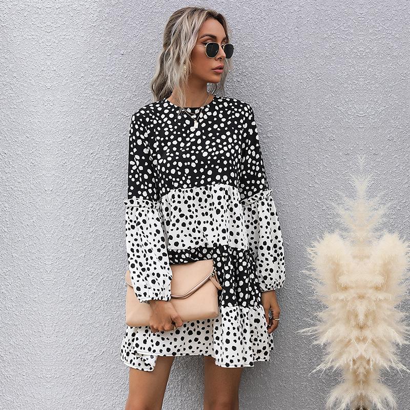 Women's Fashion Summer Polka Dot Print Long Sleeve O-Neck Casual Dresses