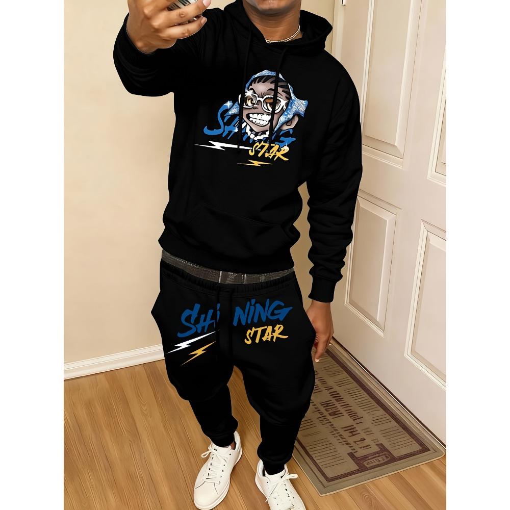 Classic Men's Casual Suit, Printed Drawstring Hoodie with Pockets and Drawstring Running Pants, a Must Have for Fashionable Men