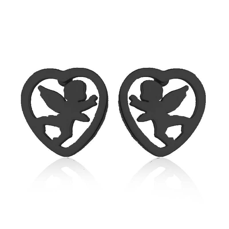 Korean Stainless Steel Peach Heart & Angel Stud Earrings - Cute Couple Jewelry Set