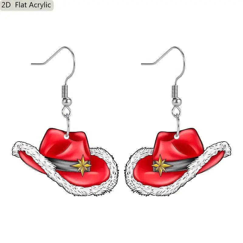 Cross-border Christmas cartoon hat earrings acrylic classic style red denim hat with star earrings jewelry