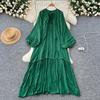 Vintage Lantern Lace Up Ruffle Dress Long Sleeves Elegant Loose O Neck Korean High Street Fashion Women Clothing