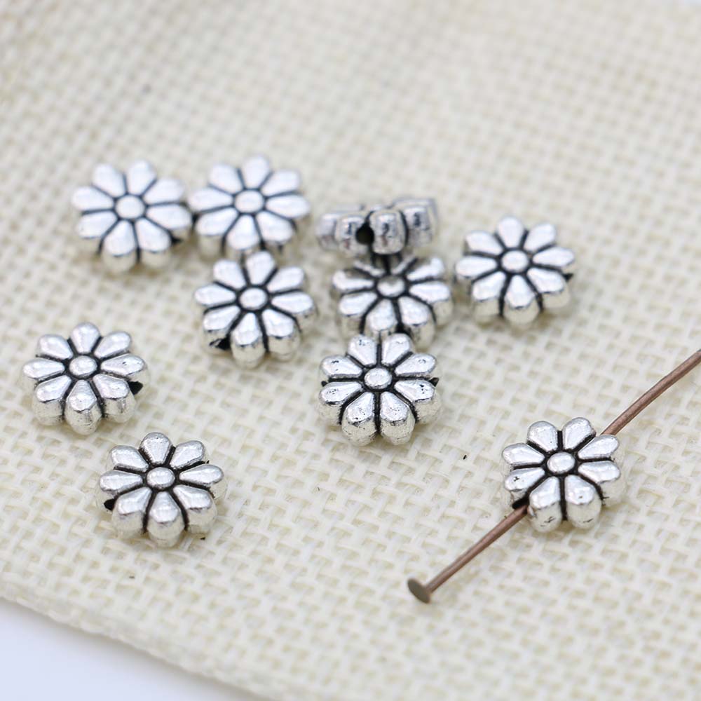 20Pcs 9Mm Silver Plated Flower Loose Spacer Beads For Jewelry Making Beaded Bracelet Necklace Accessories Diy