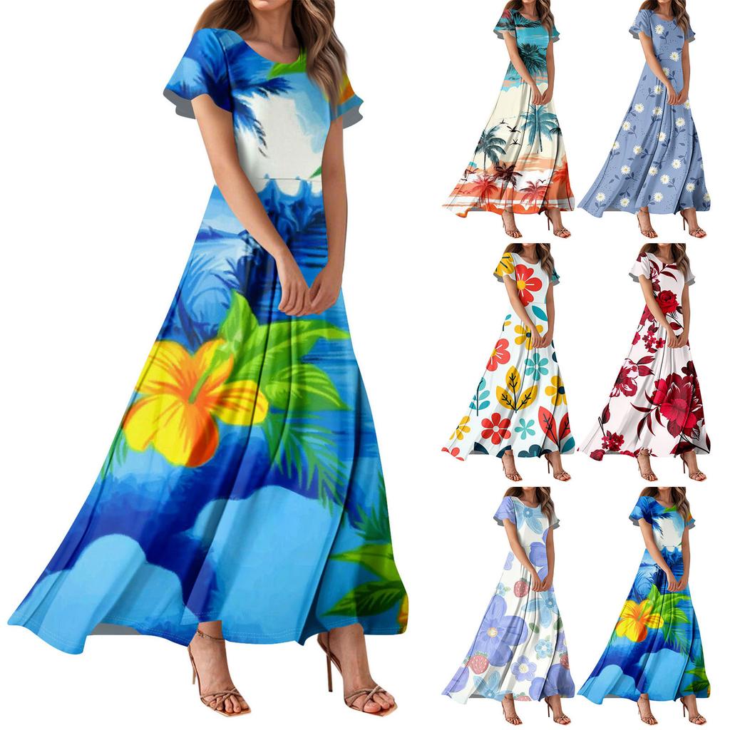 Women's Hawaiian Print Casual Round Neck Short Sleeve High Waist Dress