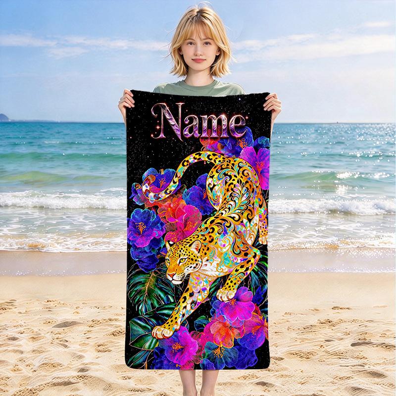 Custom Name Floral Leopard Stylish Digital Printing Beach Towel Quick‑Drying Absorbent Blanket for Beach Pool Gym Travel