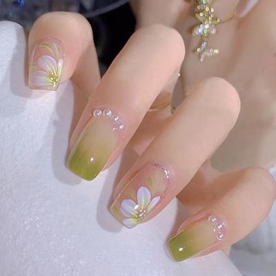 Lot de 24 patchs à ongles transparents en poudre de nacre de camélia vert frais de printemps, style Long Island Iced Tea Wear Armor