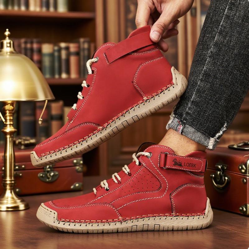 Retro Handmade Stitched Men's High-Top Leather Boots Buckle Strap Casual Shoes  New Comfortable Non-Slip Flat Luxury Shoes
