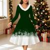 Rochie Midi cu Imprimeu de Crăciun pentru Femei, Mânecă Lungă, Decolteu în V, Margine Blănoasă, Croială A-Line, Rochie de Petrecere, Ediție Limitată de Crăciun