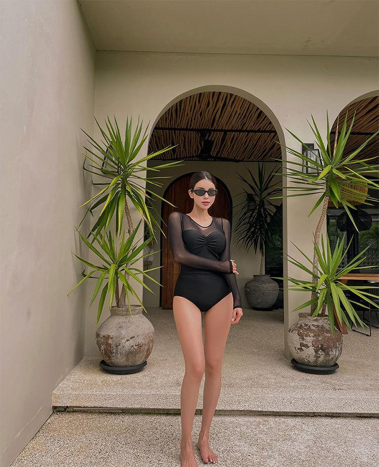 Swimsuit women's one-piece slim belly cover perspective mesh sexy long-sleeved steel ring gathering fairy energy bath hot spring swimsuit vacation