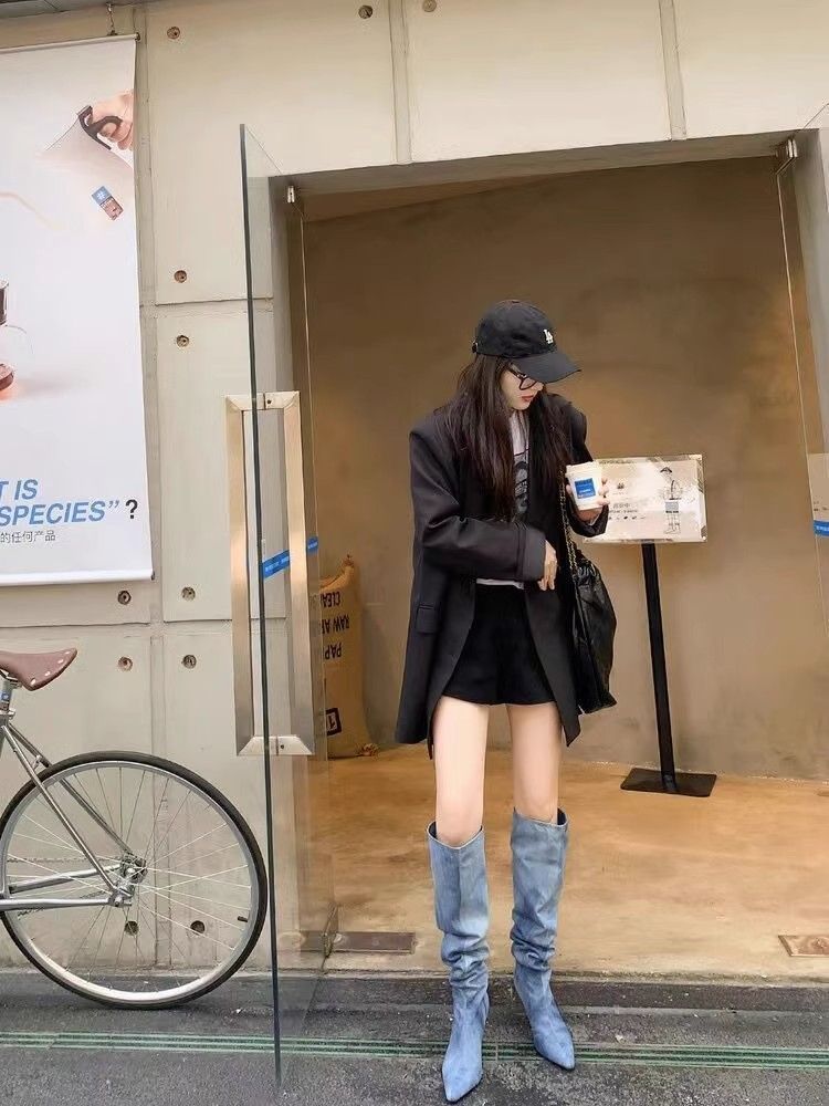 European and American style pointed high tube pleated piled boots women's 2025 autumn fine heel denim high heel knee boots