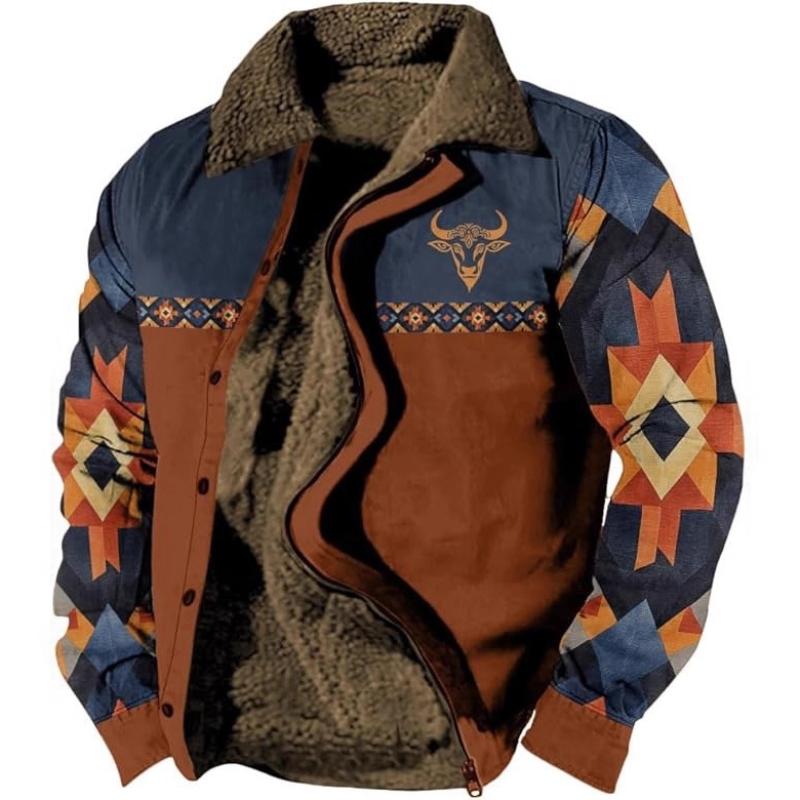 Men's Western Style Aztec Print Jacket Sherpa Lined Collar Cow Skull Graphic Warm Winter Coat