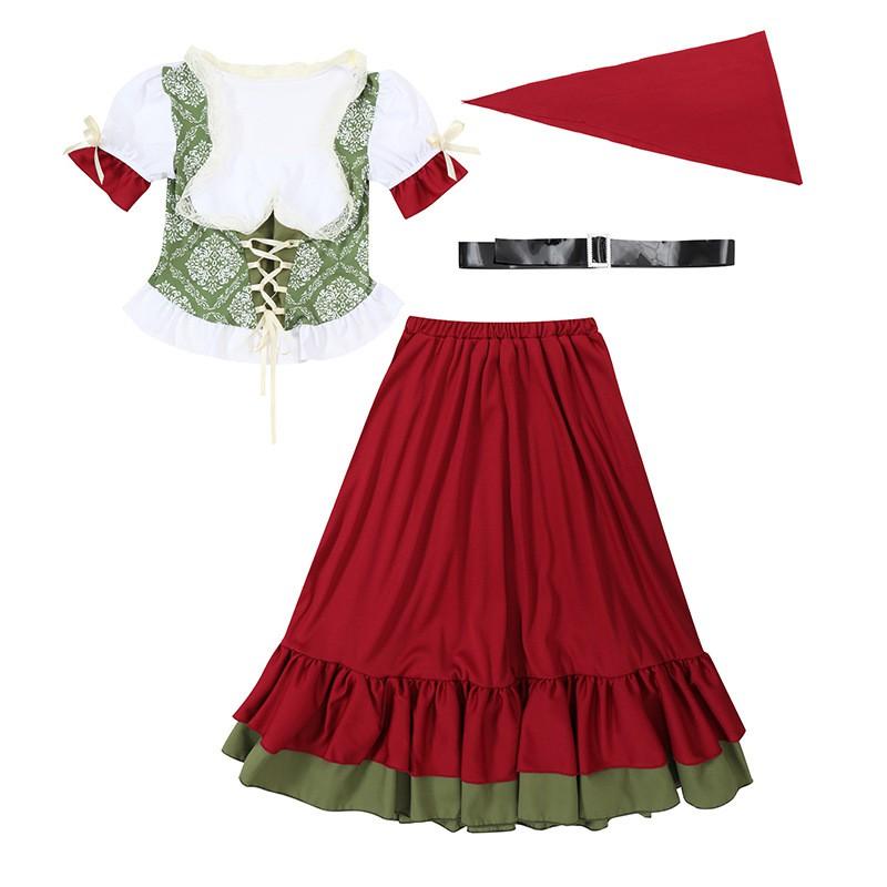 Kids Halloween Costume Dress Ethnic Dance Outfit Girls Short Sleeve Wine Red Print Skirt Set