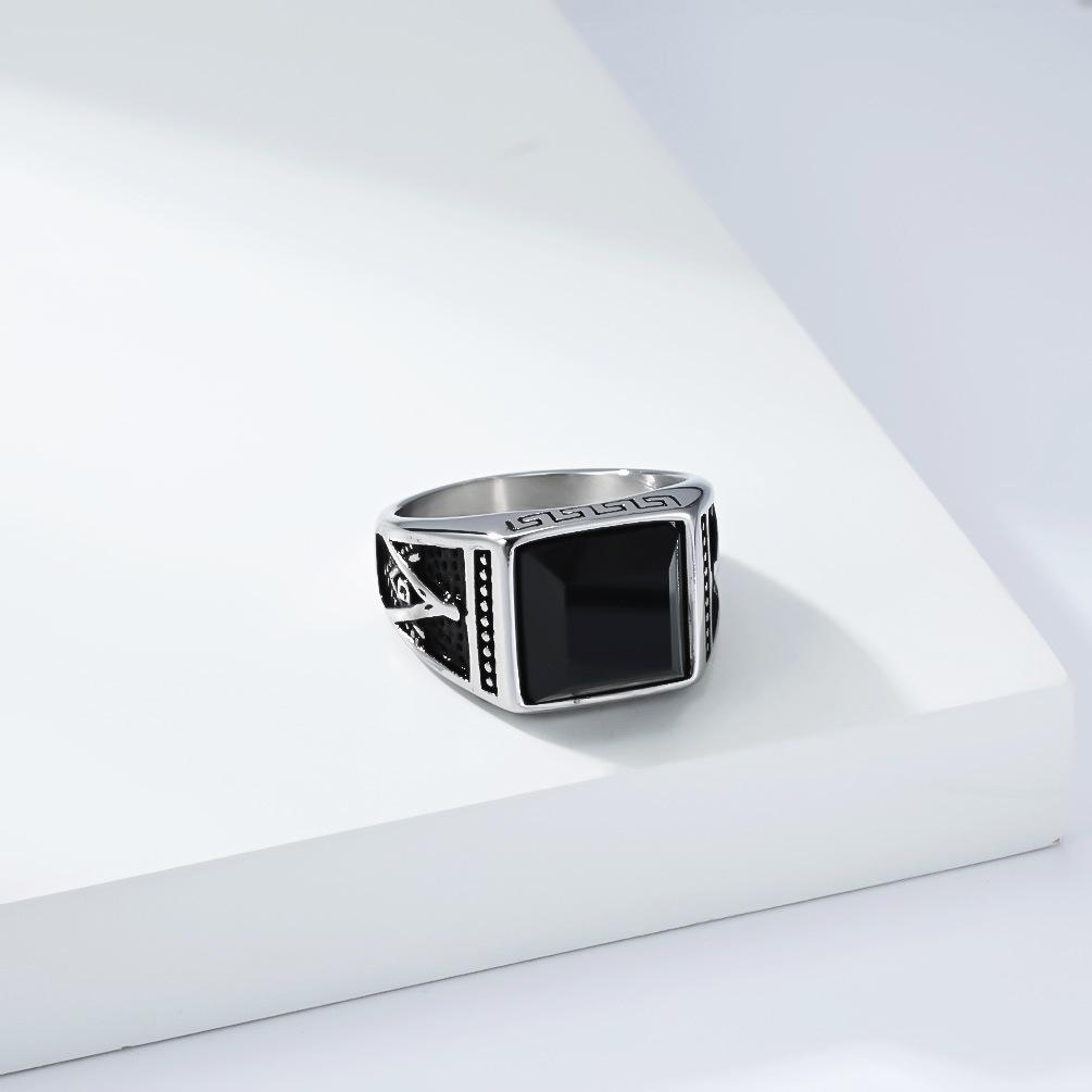 Retro Trend Titanium Steel Imitation Black Gem AG Freemason Spiral Pattern Ring for Men