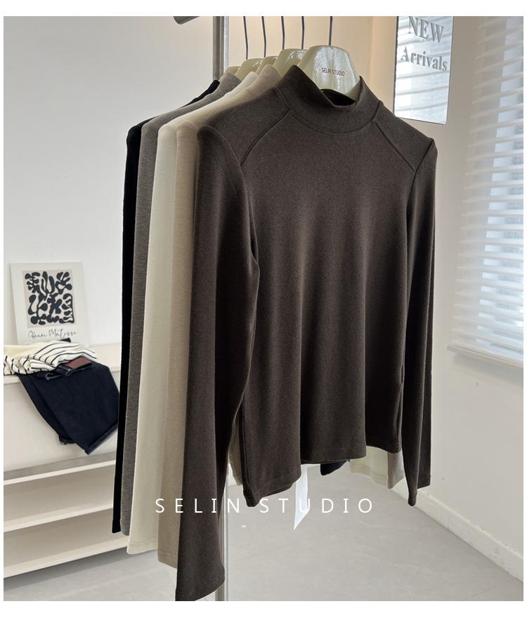 Korean-Style Double-Sided Oreo Fleece Half-Turtleneck Warm Base Layer Top for Women - Long-Sleeve Winter T-Shirt