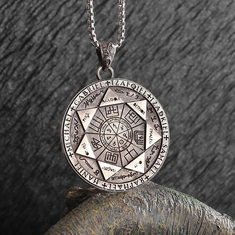Seven Angels Magic Circle Solomon\\ s Seal Amulet Necklace Pendant Men\\ s Punk Retro Lucky Amulet Jewelry