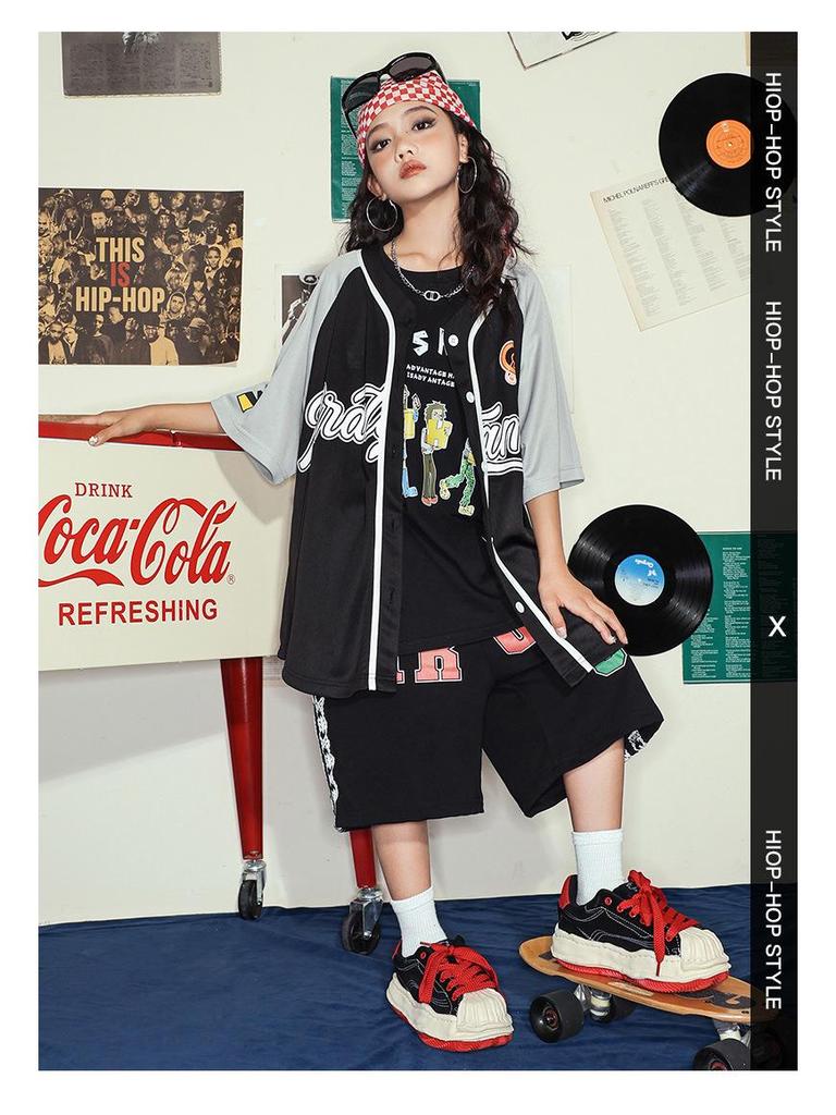 Modny hip-hopowy zestaw uniformów baseballowych dla dzieci - Krótki rękaw, letni kostium na występy dla chłopców i dziewcząt