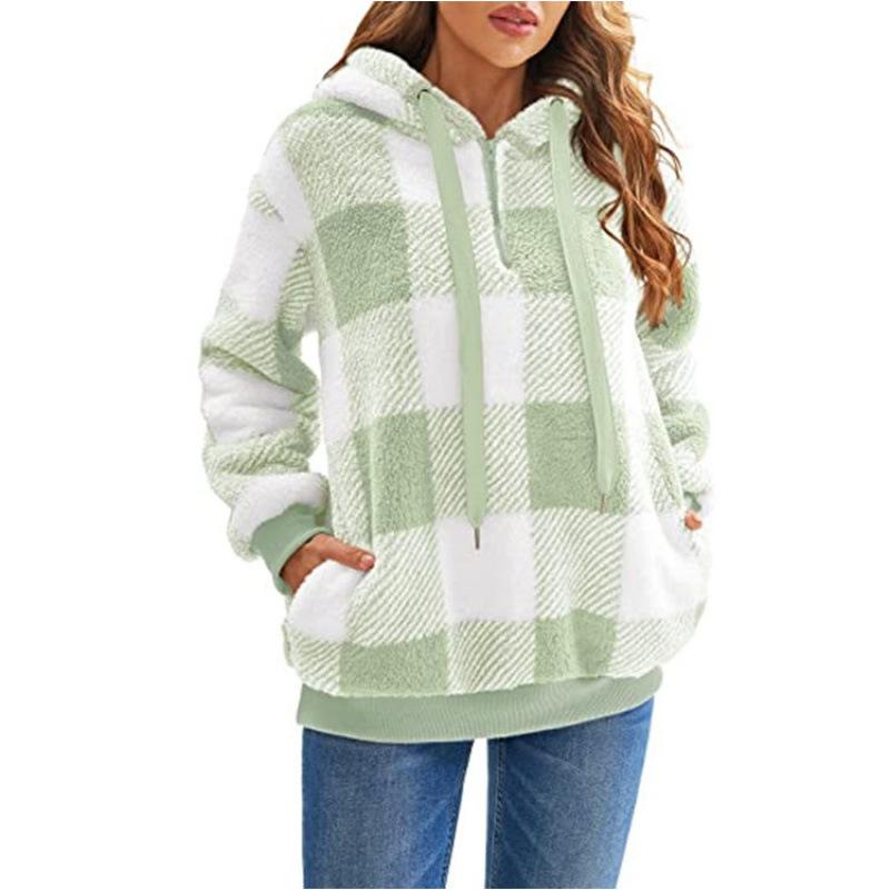 Spring Autumn Women's Long Sleeve Stitching Lattices Hooded Sweatshirts Warm Hooded Plush Pullover