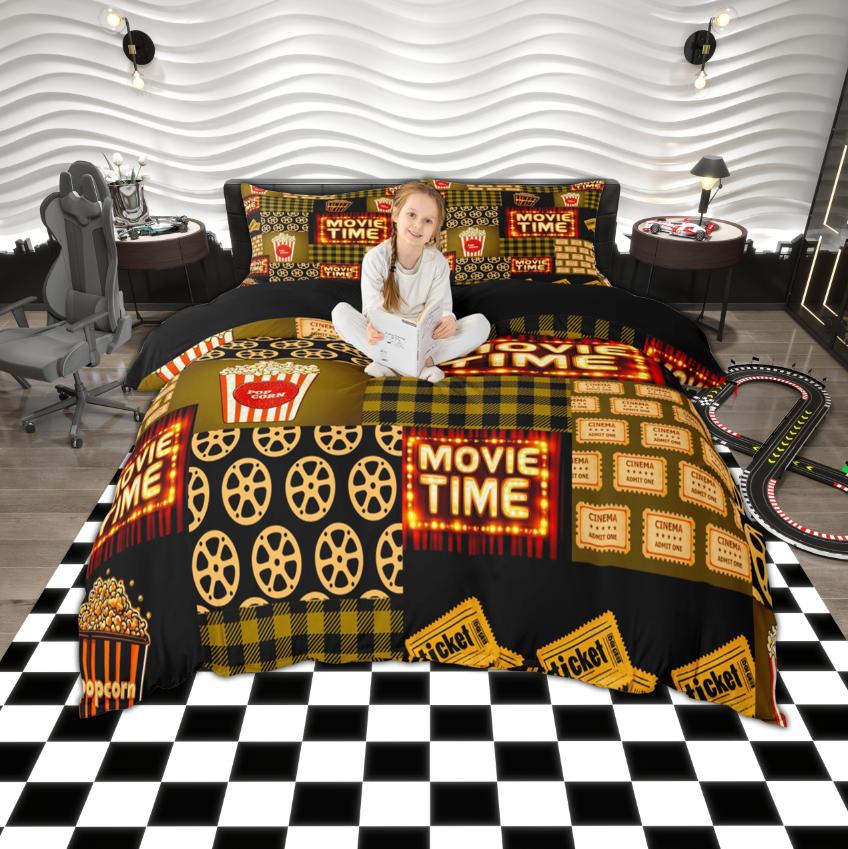 Homewish Vintage Cinema Duvet Cover Set, Movie Tine Print Bedding Set, Retro Film Popcorn Bedroom Set, Room Decor