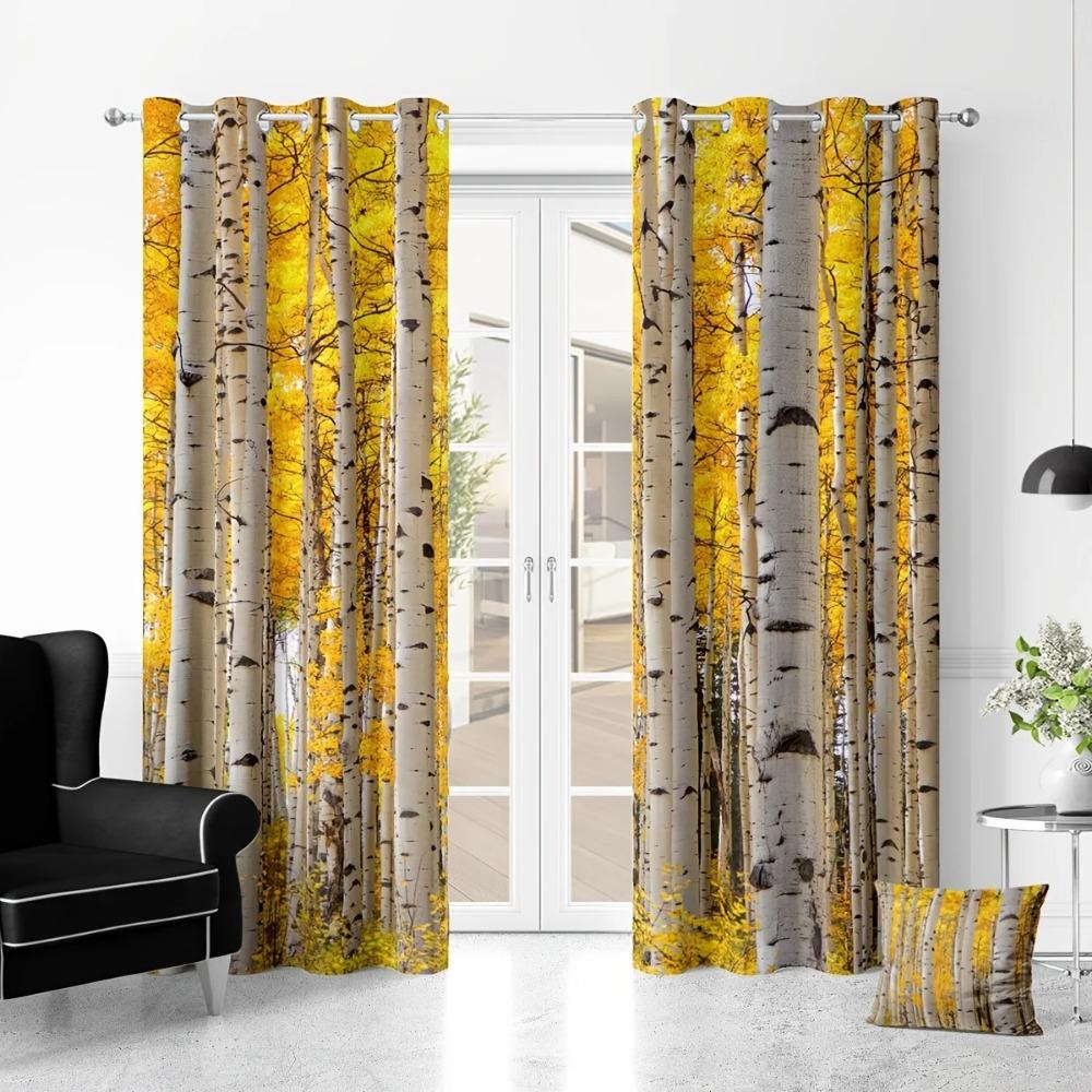 2PC Printed Perforated Drapes Bedroom Space Balcony Living Room Space Autumn Landscape Trees Fresh Green Forest Print Window Curtains