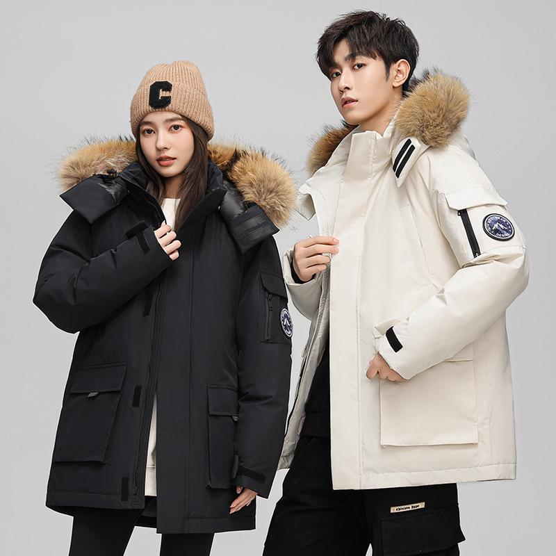 2025 Unisex Winter Down Jacket with Fur Collar – Plush, Hooded, White Duck Down Coat for Men & Women