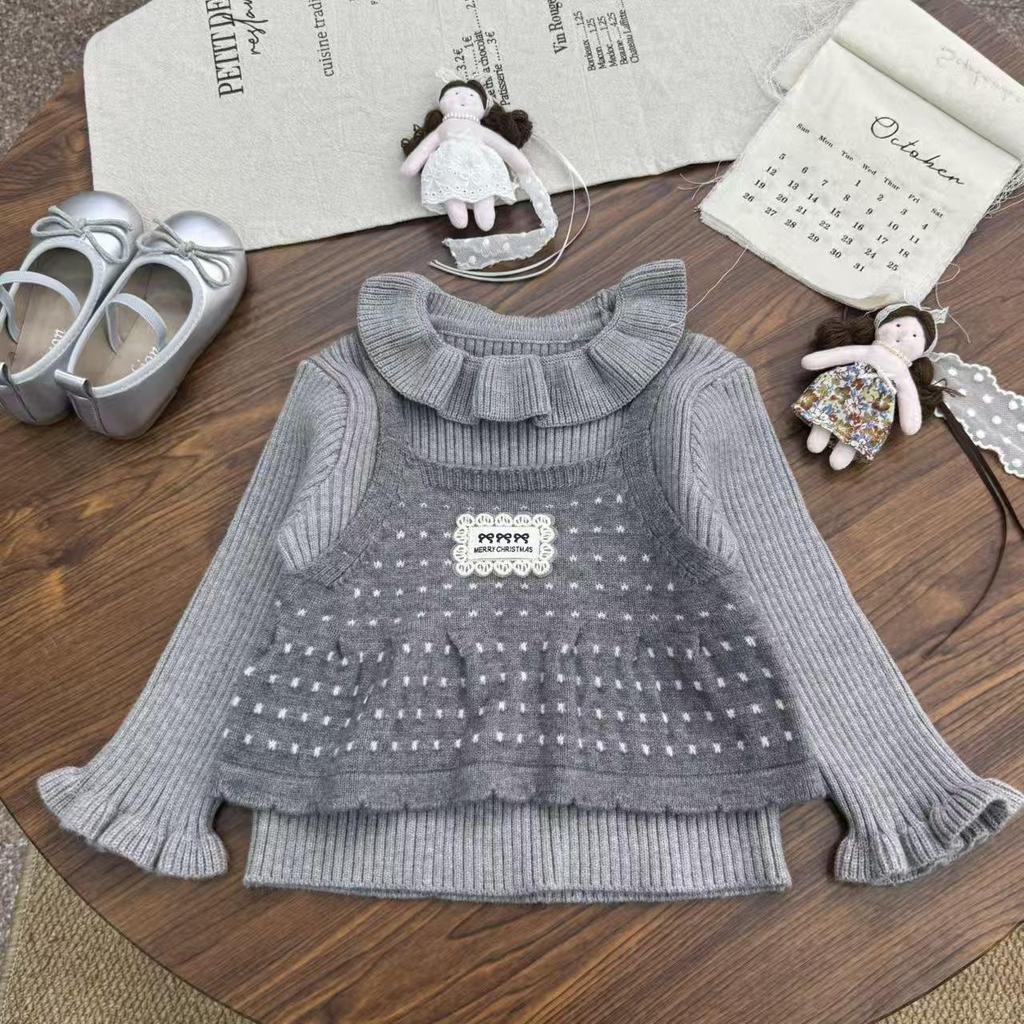 Girls' Autumn/Winter Faux Two-Piece Sweet Knit Sweater with Small Lapel