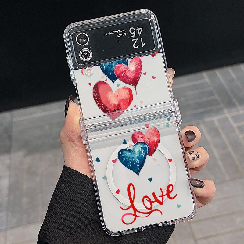 3PCS Foldable Shockproof Case for Samsung Z Flip6 Flip5 Flip4 for Magsafe Magnetic Balloon Kiss Lips Pattern Clear Hard Pc Slim Case Cover