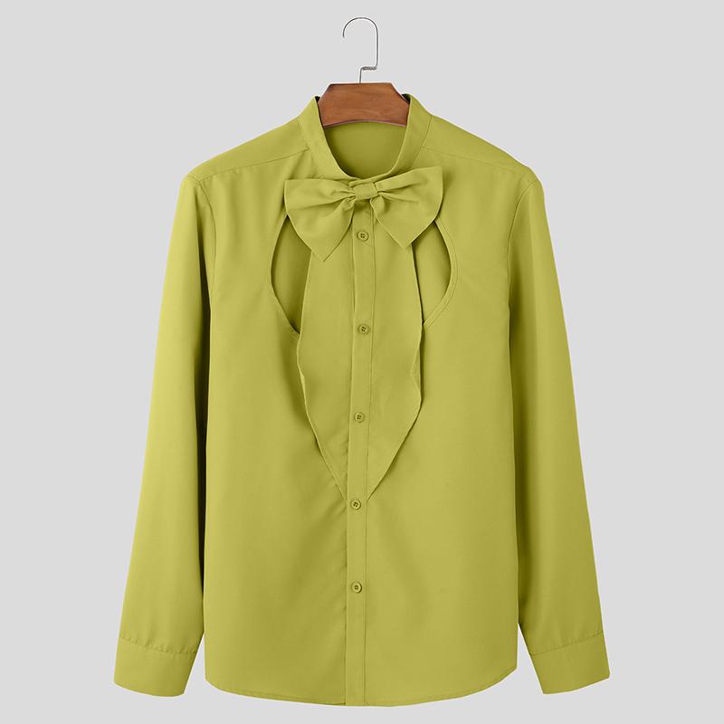 

INCERUN Men Stand Neck Long Sleeve Cutout Bow Knot Loose Party Shirts Tops 5XL зелёный