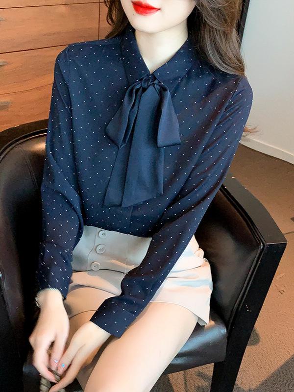 Polka Dot Bowknot Chiffon Blouse - Women's Long Sleeve Autumn Fashion