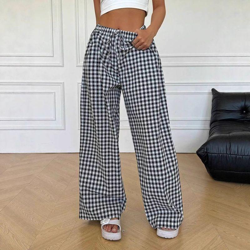 Summer Women Retro Plaid Pants Women clothes Pants Thin High Waist Drape Walking Pants Casual Straight Wide Leg Pants