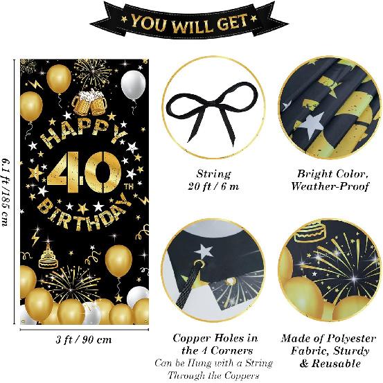 Vicycaty Happy 40th Birthday Decorations for Men Women, 40th Birthday Banner Backdrop, Fabric 40 Years Old Party Yard Sign Photo Props Door Decor