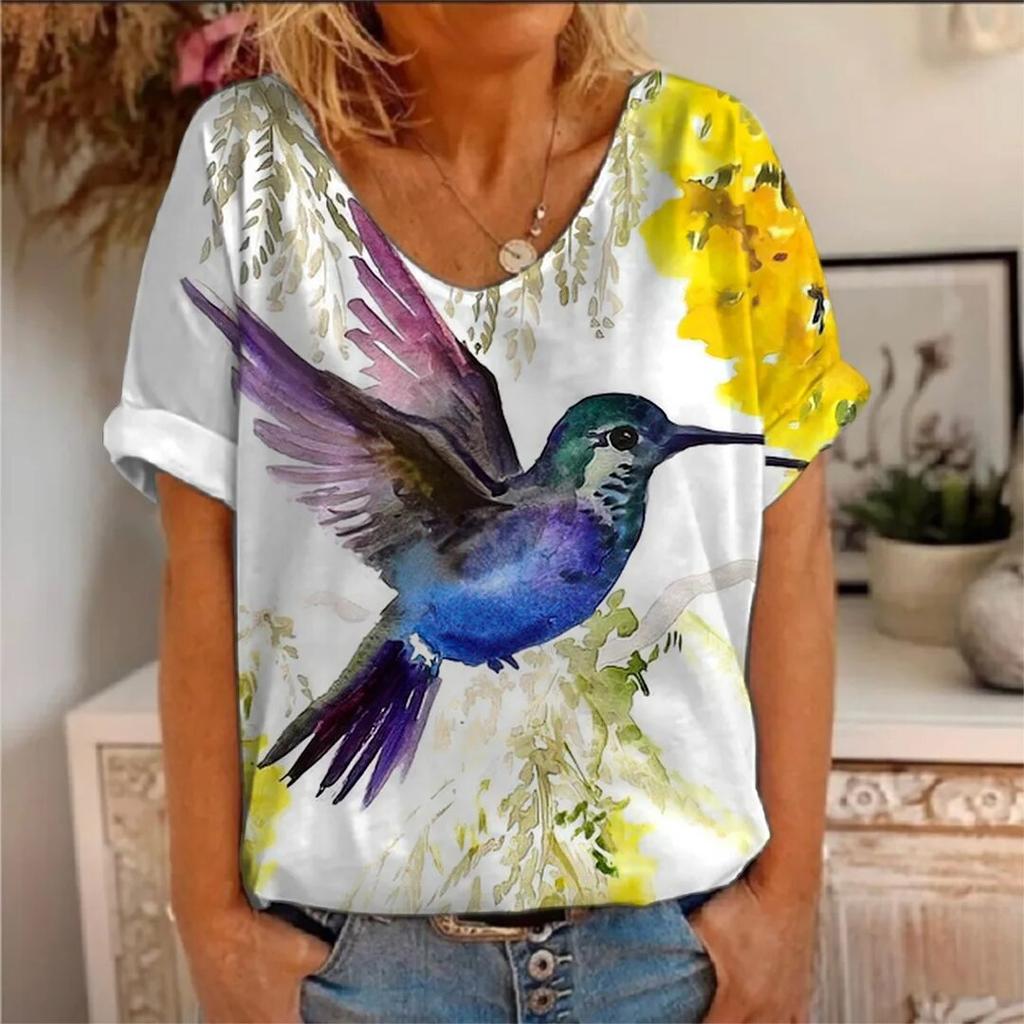 Letní trička s 3D potiskem ptáků a kolibříků pro ženy, nová módní streetwear krátký rukáv tričko s výstřihem do V, Harajuku trička, topy a oblečení