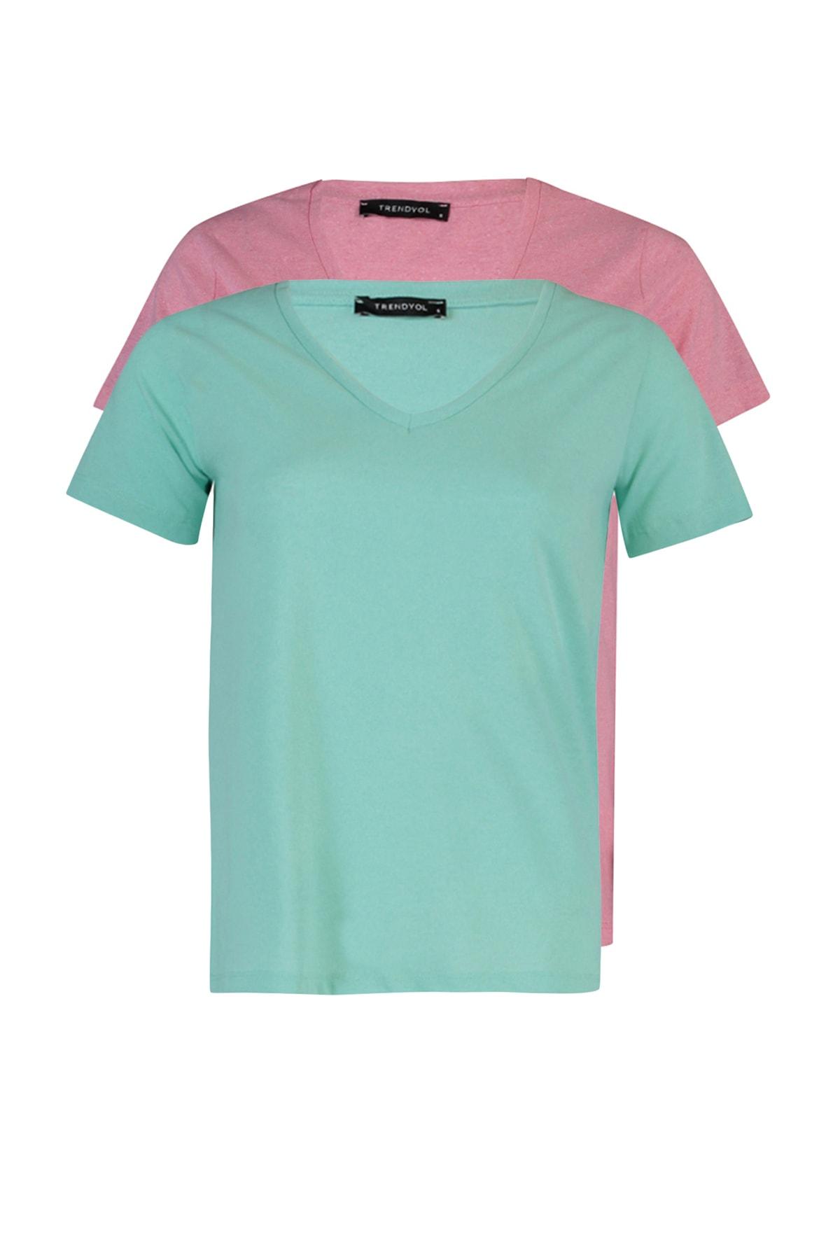 

Комплект из 2 основных трикотажных футболок из одного джерси Pink-Mint с v-образным вырезом