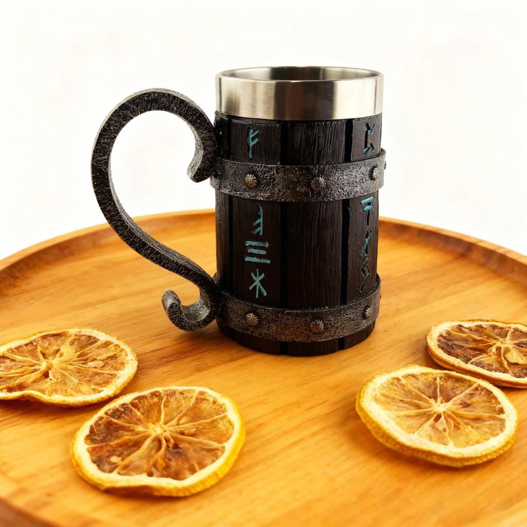 Wikinger Holzmaserung Bierkrug 304 Edelstahl Mittelalterliche Taverne Holzimitat Fasskrug Bierkrug Kaffeetasse Halloween Geschenk