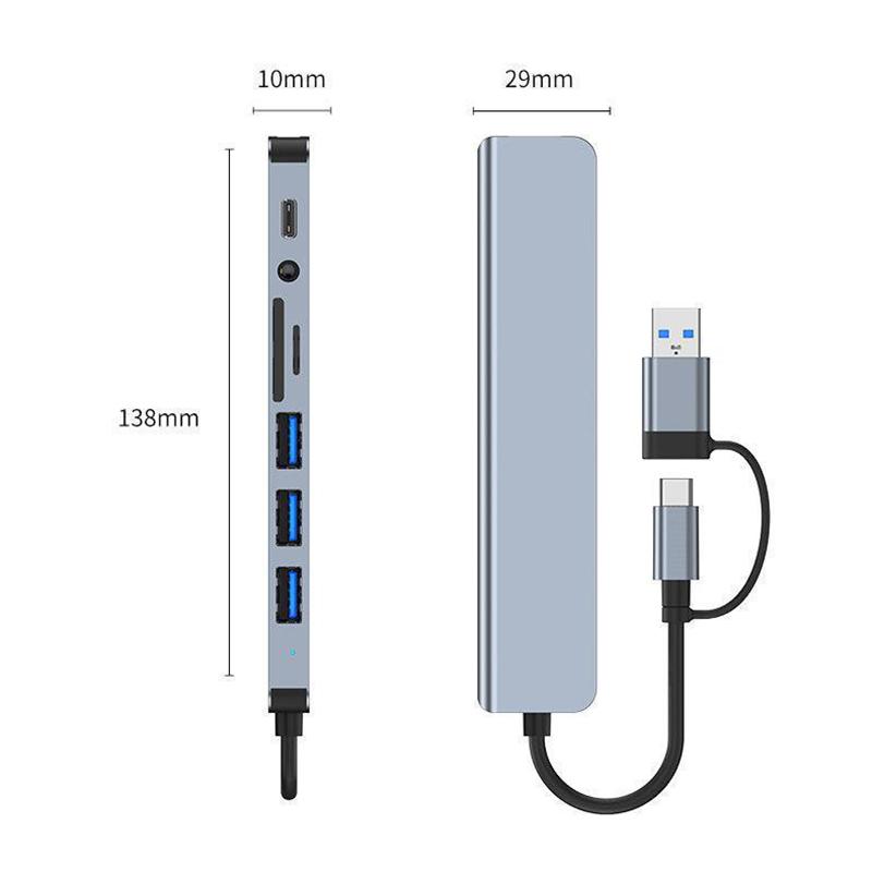 8in1 USB C Type C HUB Docking Station with 3.5mm Audio Jack Adapter for Micro SD Card Reader Laptop Tablet Phone Disk Converter
