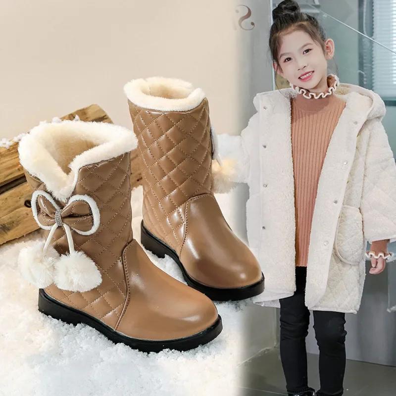 Girls Warm Boots with Bow Tie Kids Snow Boots with Fur Plush Winter Fashion Children Princess Boots
