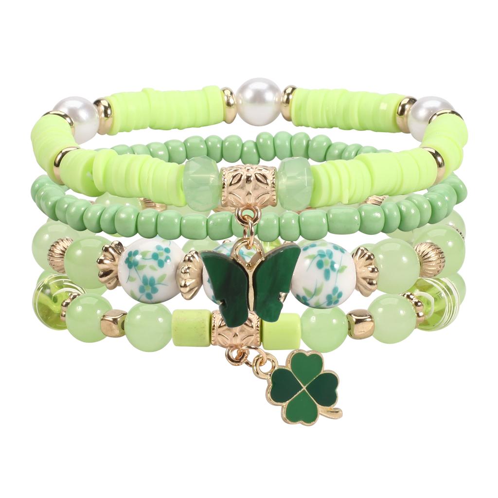 St. Patricks Day Bracelets Handmade Beaded Stackable Bracelet Irish Green Leaf Hat Lucky Shamrock Charm Bracelet for Women