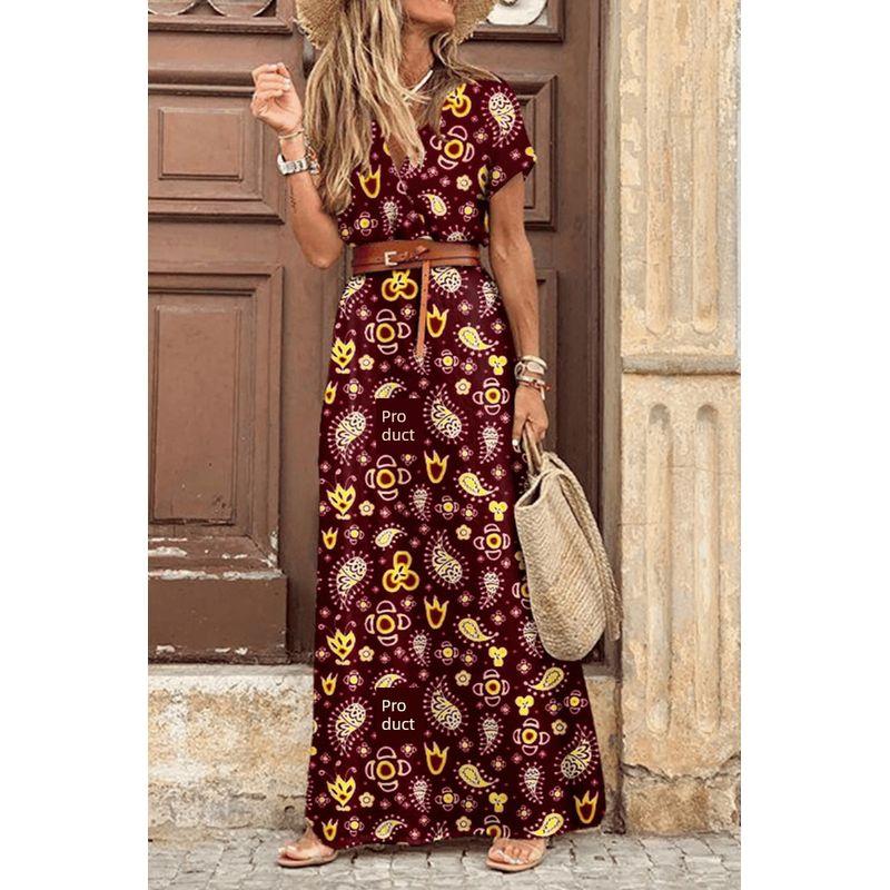 

Женское цветочное большое платье-свинг, новинка, короткий рукав, V-образный вырез, облегающая талия, модное, ветреное, богемное, ветреное, макси-платье, пояс Burgundy L