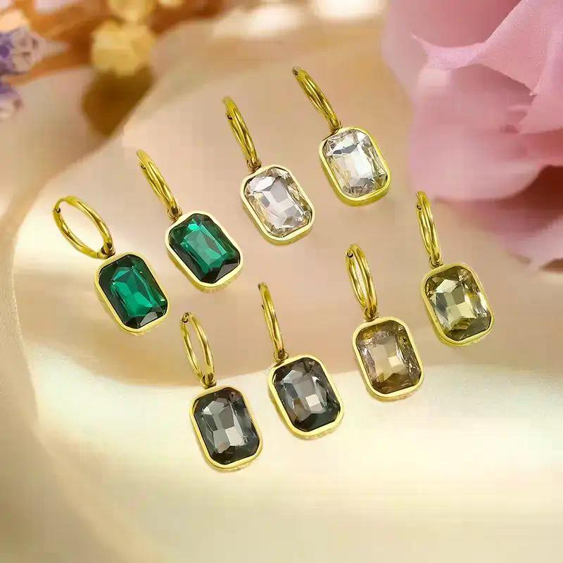 Geometric Square Crystal Zirconia Hoop Earrings Trendy Sparkling Metal Drop Earrings For Women Party Daily Accessories