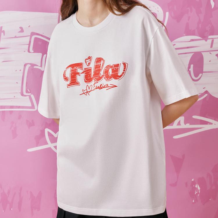 FILA Fusion Letter Logo Print Loose Knit Short Sleeve T-Shirt Unisex Tops White T11U413102F-WT