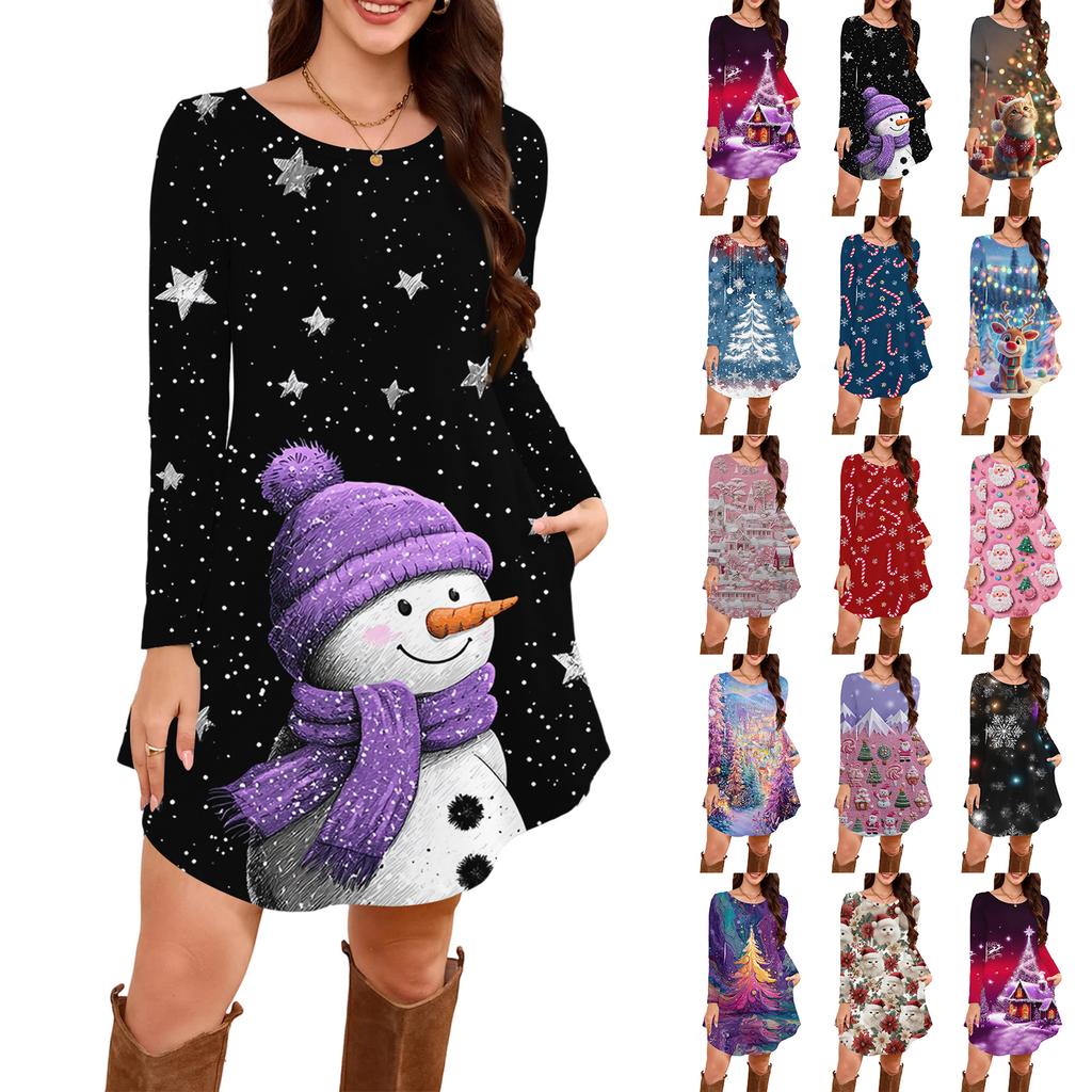 Women's Long-sleeved T-shirt Dress With Round Neck, Knee-length, Loose Fit, Casual And Pockets