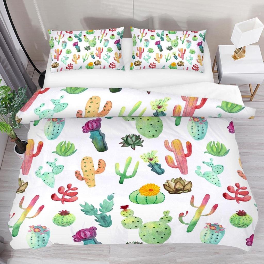 Floral Bedding Set 3pcs Cactus Succulents and Flowers Decor Comforter Cover Plant Soft Polyester Quilt Cover with 2 Pillow Cases