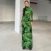 Mesh Print Women Maxi Dress Turtleneck Full Sleeve Bodycon Autumn Trendy Hipsters High Street Party Y2K Attirewear
