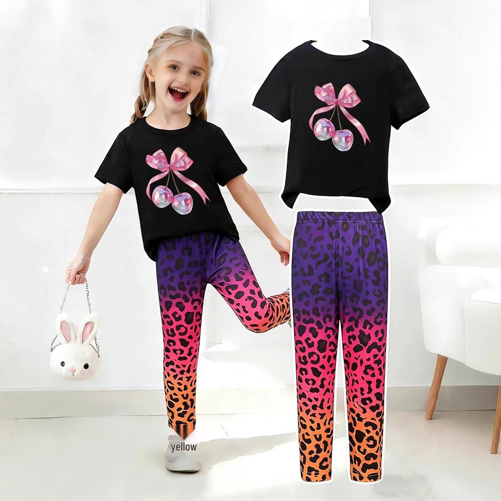 Girls' Summer Casual Short-Sleeve Long Pants Set - European & American Print