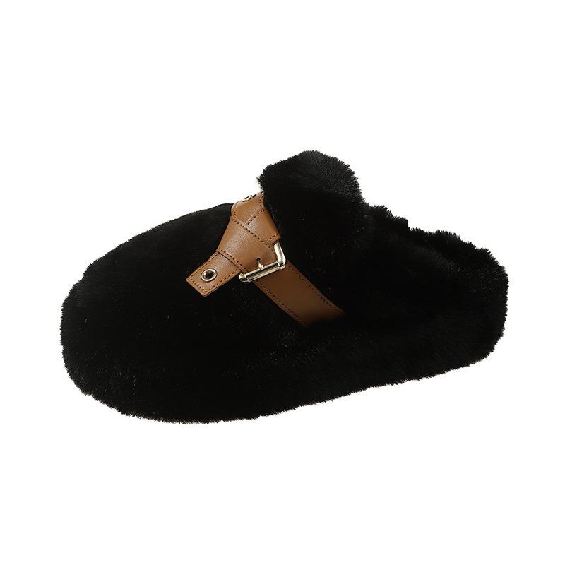 Flauschige Hausschuhe mit dicker Sohle für Damen zum Tragen 2024 neuer Zehenbereich, Samt zum Warmhalten, niedliche Windgürtelschnalle, Baumwollhausschuhe für zu Hause