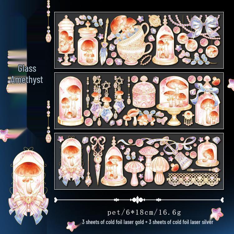 Yuxian PET Hot Stamping Stickers - Mushroom Movement Series: 4 Styles, 6 Sheets for Bullet Journal.